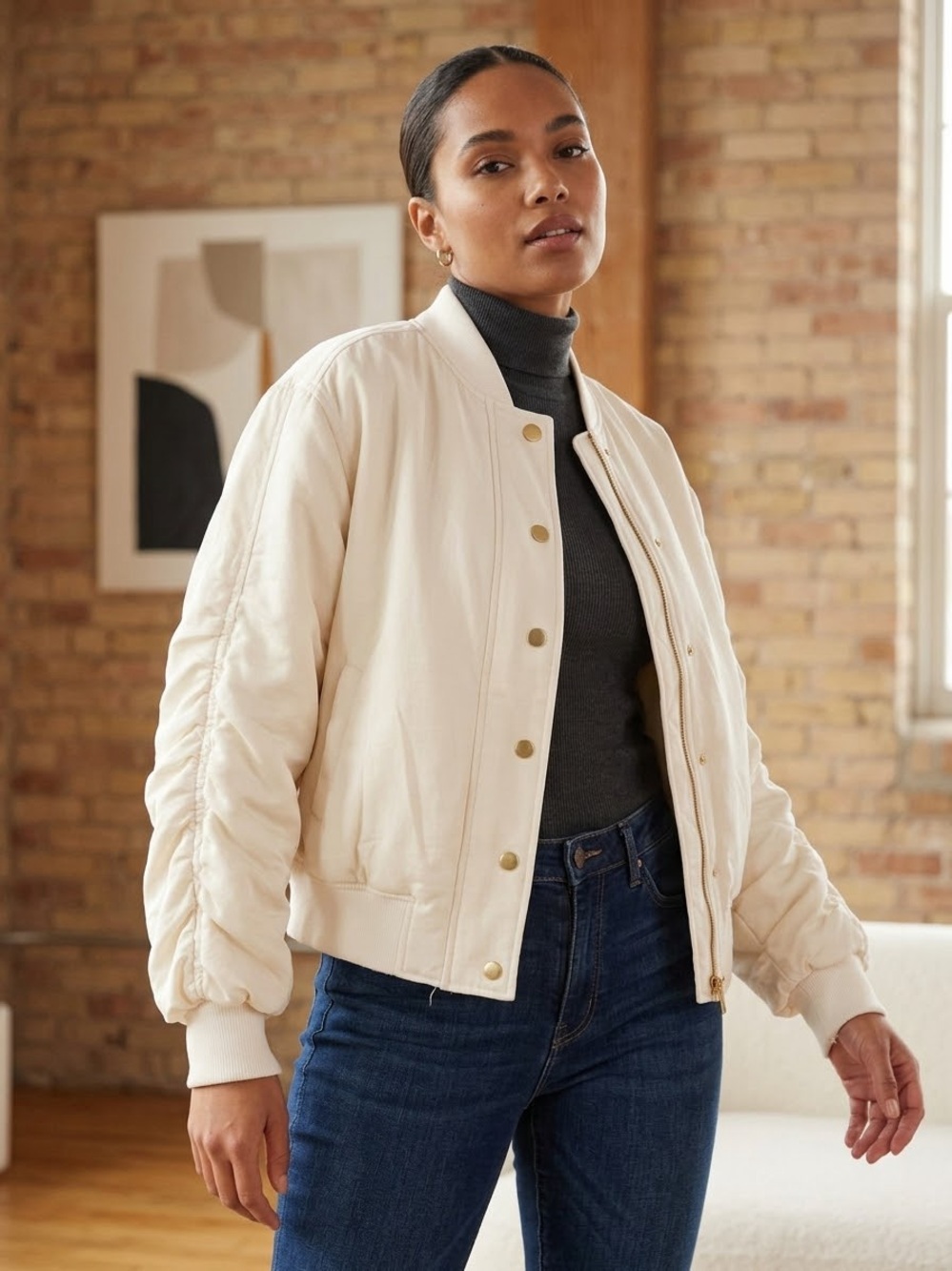 I.N.C. International Concepts Cream Ruched Sleeve Bomber Jacket Women's M